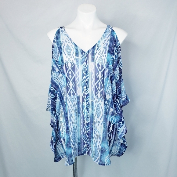 NWT Wendy Bellissimo Cold Shoulder Sheer Ikat Blouse Top - Picture 2 of 12